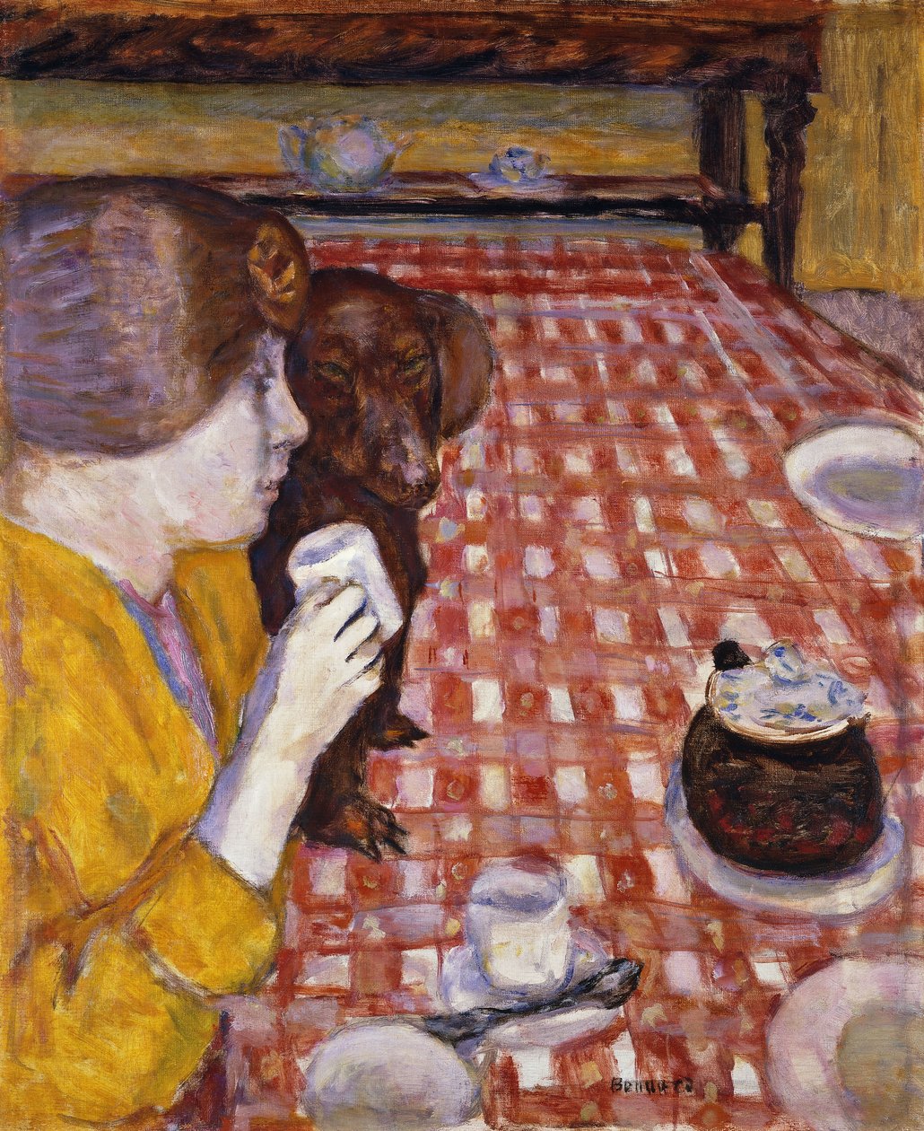 Sárga és Piros (A piros kockás terítő); Sárga és piros (az asztalterítő piros csempével) alkotó: Pierre Bonnard