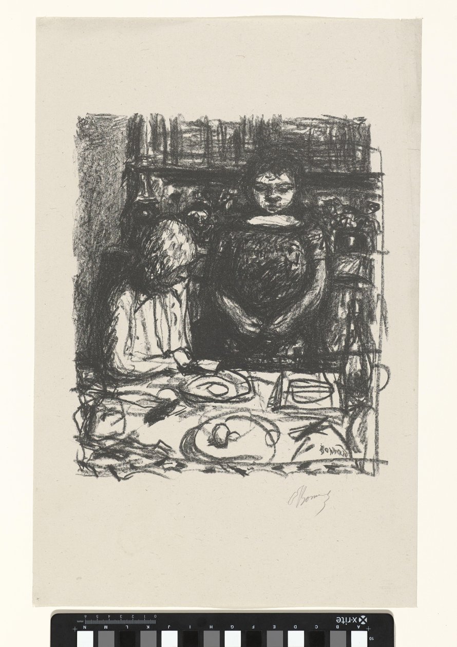 Ülő férfi az asztalnál étkezéssel és álló nővel Le Menu alkotó: Pierre Bonnard