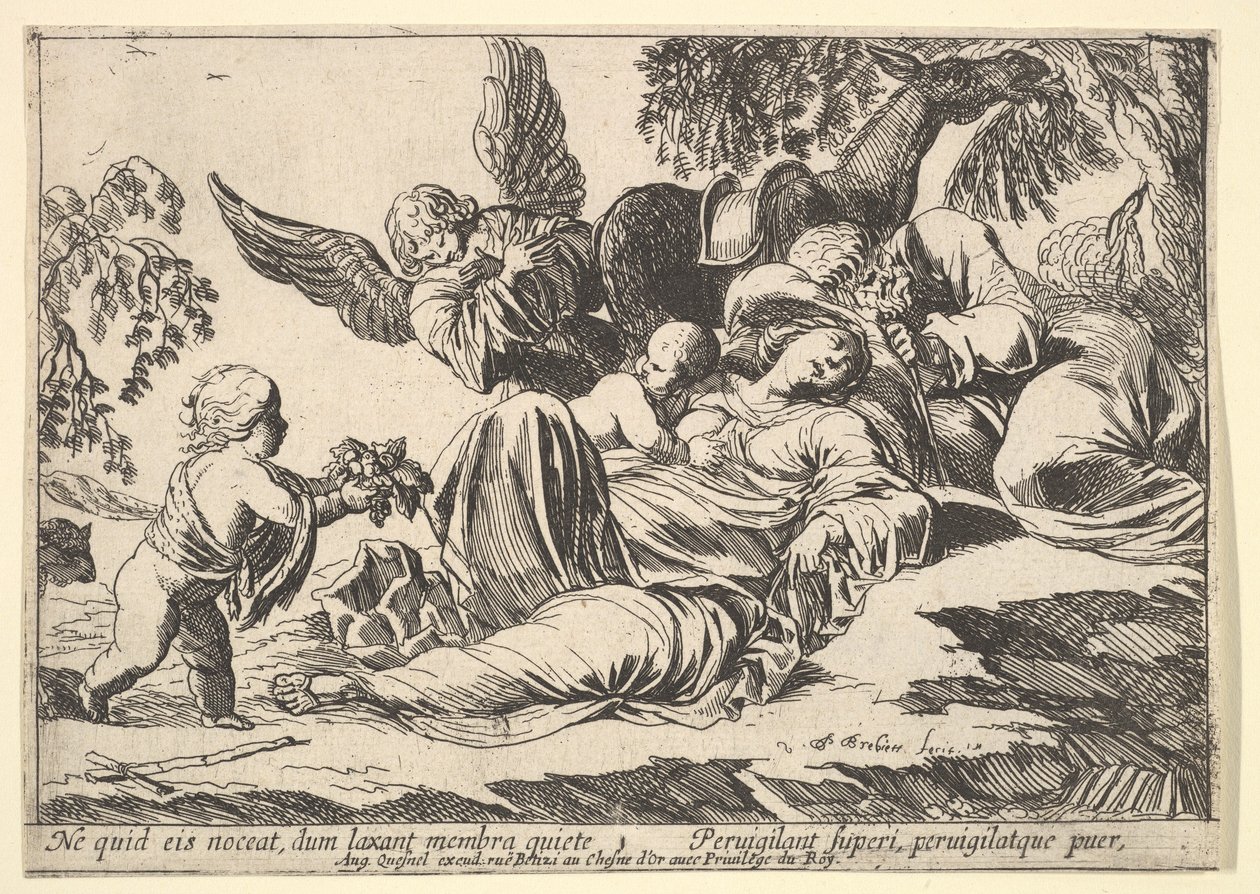 Angyalok gyümölcsöt adnak az alvó szent családnak, 1610-42. alkotó: Pierre Brebiette