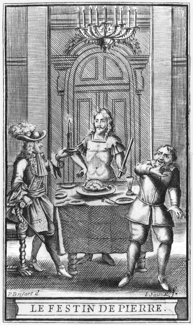Don Juan és a Commendatore, előlapi illusztráció Moliere „Don Juan, avagy Le Festin de Pierre” című művéből, Jean Sauve (fl.1660-91) metszete, 1682-es kiadás alkotó: Pierre Brissart