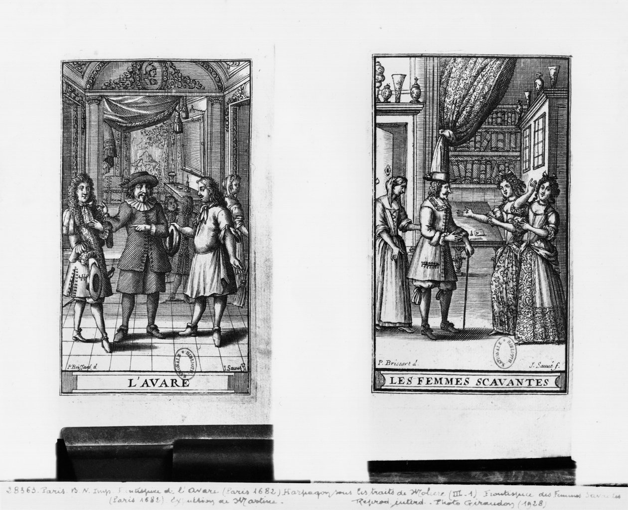 Moliere mint Harpagon, a "The Miser" (1668) és a "Tanult hölgyek" (1672) előlapja, Moliere (1622-73) Jean Sauve (fl.1660-91) metszete, 1682-ben Párizsban kiadott (sz. alkotó: Pierre Brissart