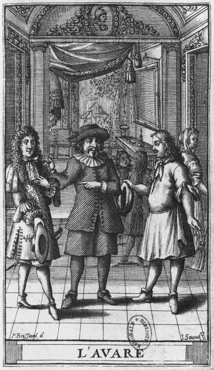 Moliere mint Harpagon, előlapi illusztráció Moliere „A fösvény” című művéből, vésette Jean Sauve (fl.1660-91) 1682-es kiadás alkotó: Pierre Brissart