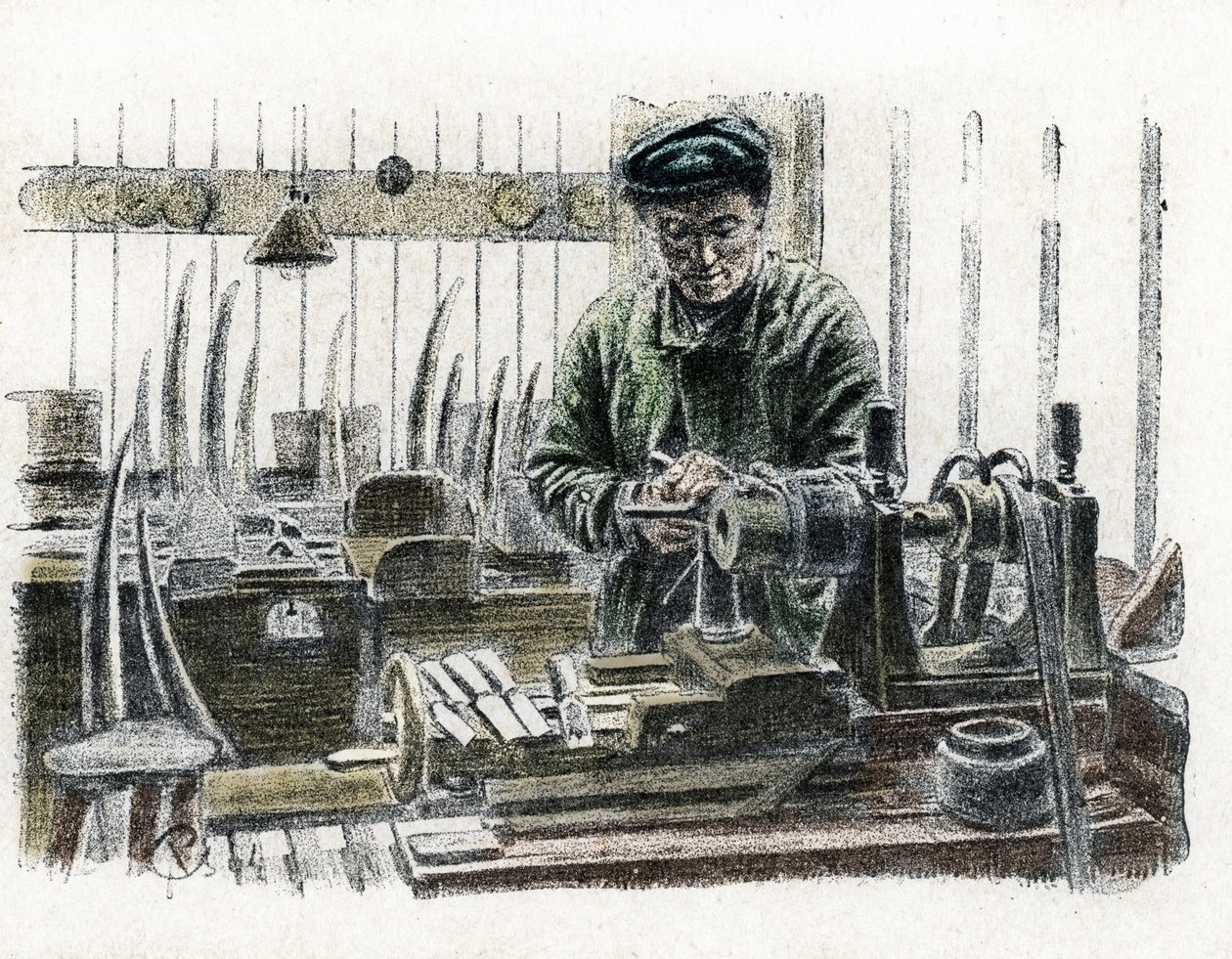 Egy elefánt agyarakat faragó elefántcsont-munkás a műhelyében, aki elefánt-agyarat farag (Elefántcsont-agyarat farag) Gravírozás a „” Excursion a travers les metiers” című könyvéből, Pierre Calmette Collection privee alkotó: Pierre Calmettes