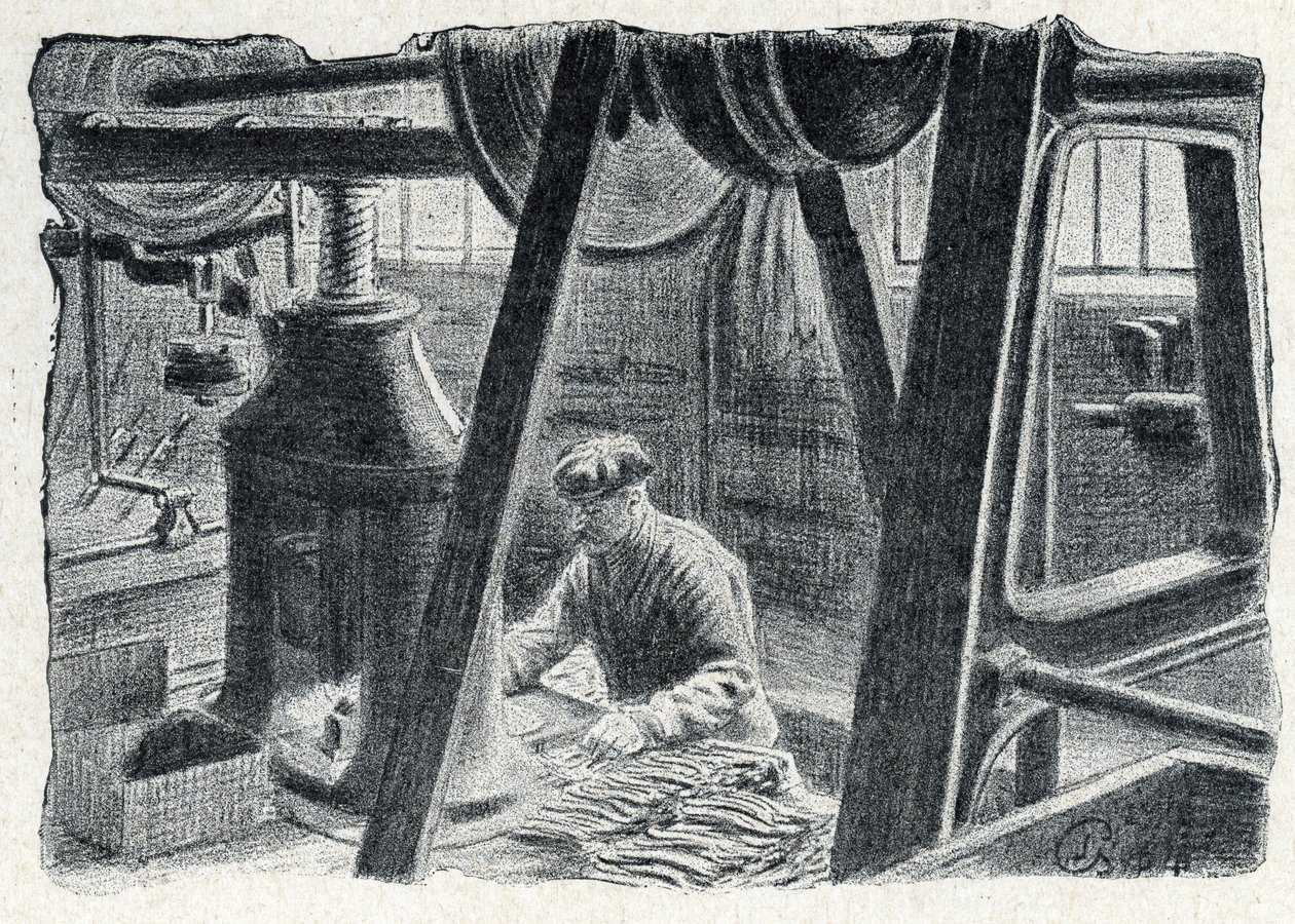 Evőeszköz-bélyegzés malommal Gravírozás az „Excursion a travers les metiers” című könyvéből, Pierre Calmette magángyűjtemény alkotó: Pierre Calmettes