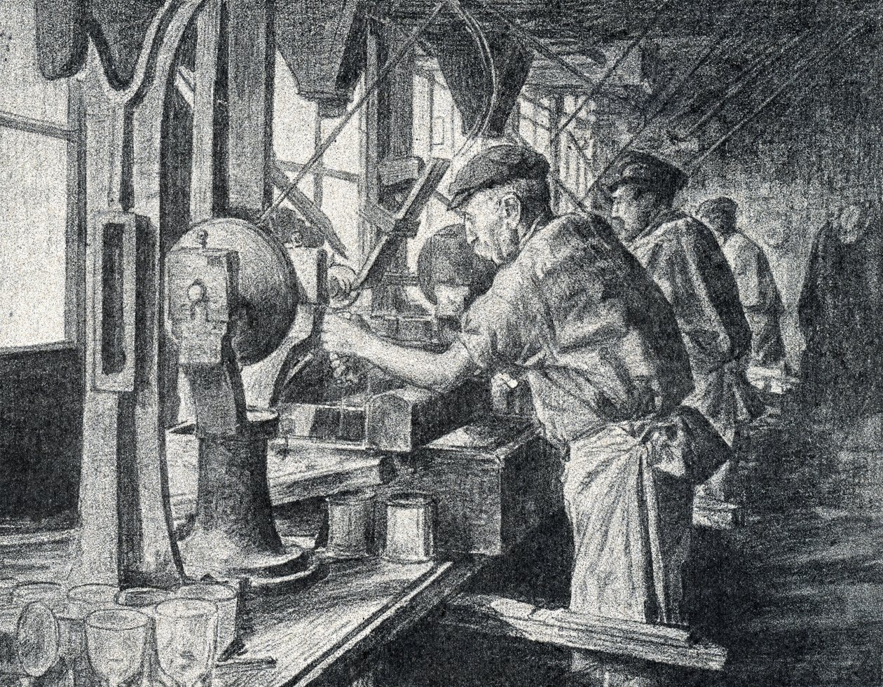 Vágóműhely a Sevres-i kristályüveggyárban, Párizs mellett. Gravírozás a Pierre Calmette magángyűjtemény „Excursion a travers les metiers” című könyvéből alkotó: Pierre Calmettes