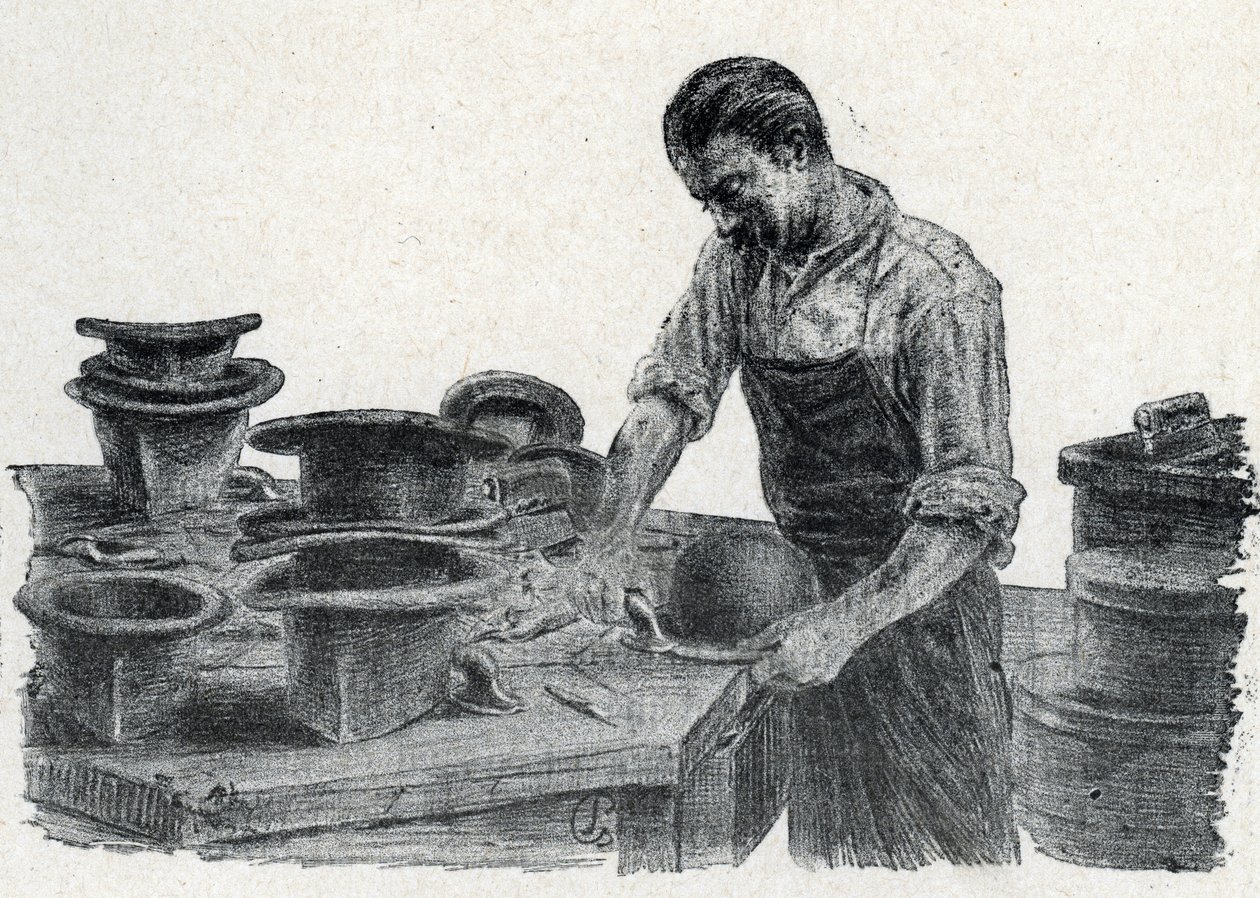 Kalapos: egy tányérkalap éleinek rögzítése (Bowler sapka készítése) Gravírozás a Pierre Calmette Magángyűjtemény „Excursion a travers les metiers” című könyvéből alkotó: Pierre Calmettes