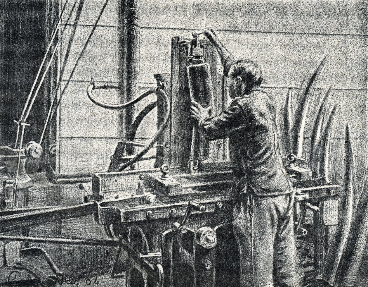 Elefántcsont kézműves elefánt agyarakat vágott Metszet a Pierre Calmette magángyűjtemény „Excursion a travers les metiers” című könyvéből alkotó: Pierre Calmettes