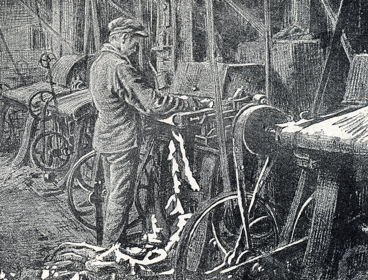 Bőripar: mechanikus szőrmenyírás. Metszet a Pierre Calmette Magángyűjtemény „Excursion a travers les metiers” című könyvéből alkotó: Pierre Calmettes
