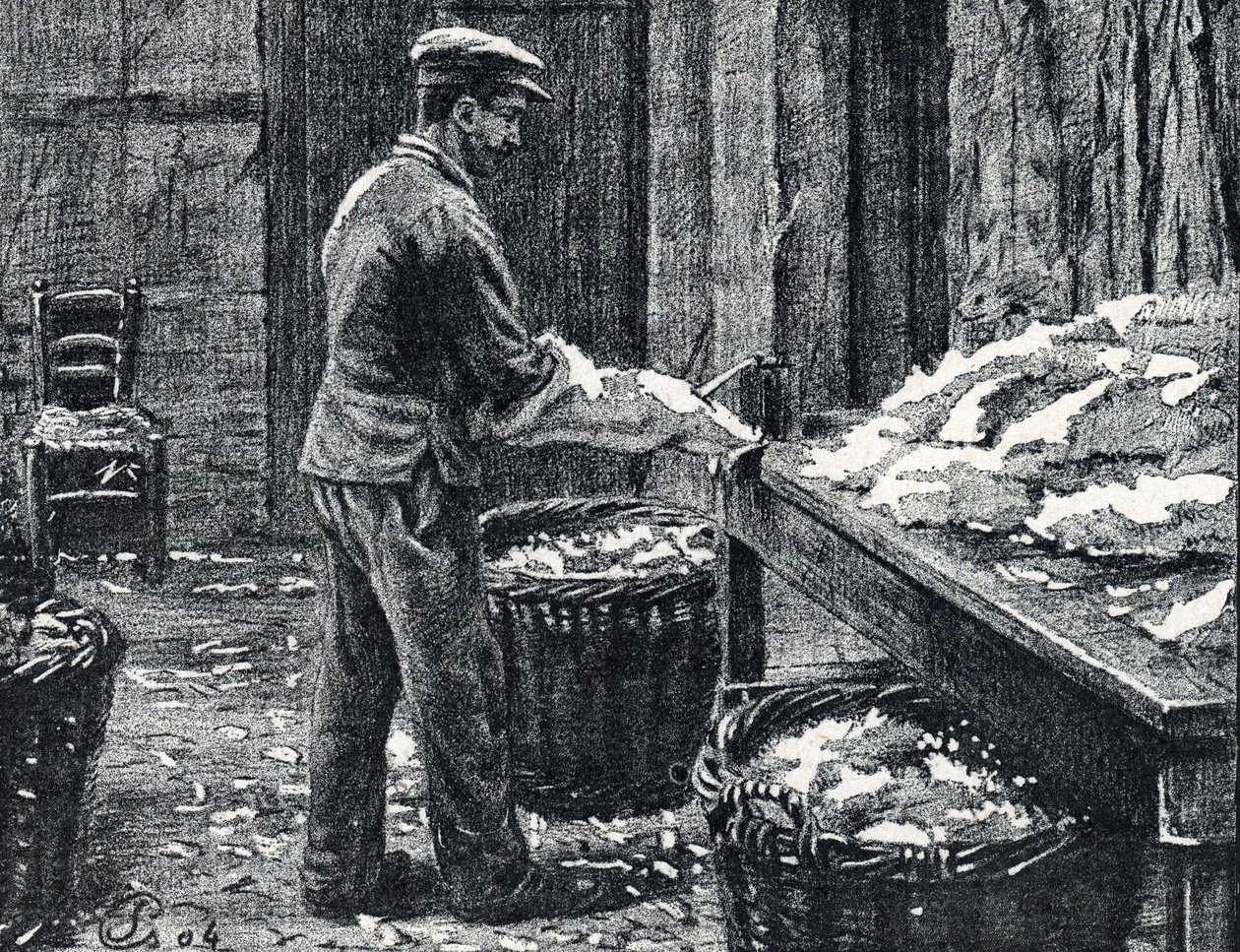 Bőr: nyúlbőr hasítása bőr készítéséhez Gravírozás a Pierre Calmette magángyűjtemény „Excursion a travers les metiers” című könyvéből alkotó: Pierre Calmettes