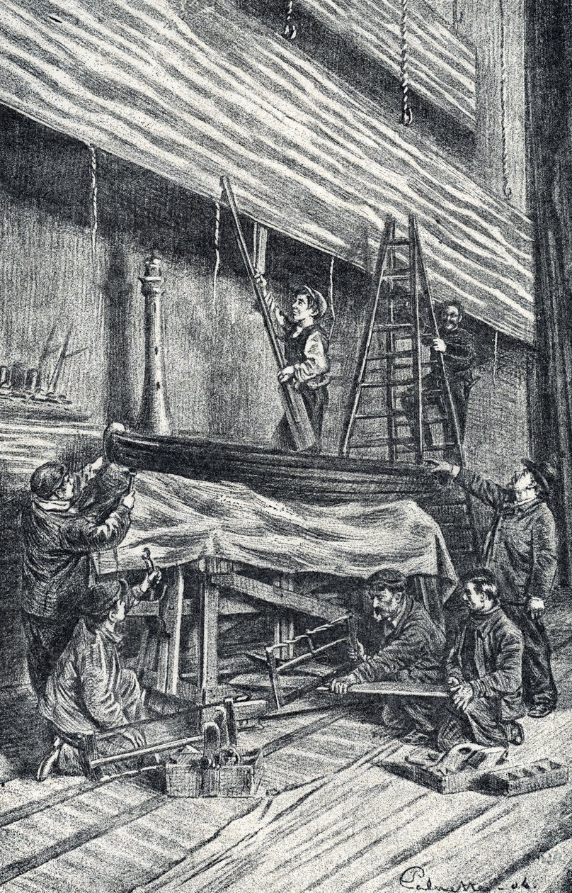 Ingatlanmesterek: színpadi díszletek felállítása az előadás előtt Gravírozás a Pierre Calmette magángyűjtemény „Excursion a travers les metiers” című könyvéből alkotó: Pierre Calmettes
