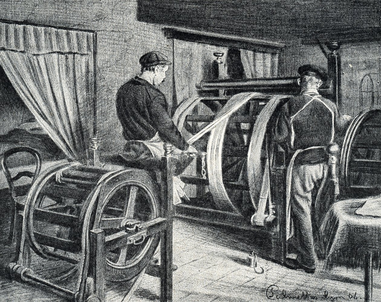 Selyemmunka: Pierre Calmette magángyűjtemény „Excursion a travers les metiers” selyemmetszetének kibontása alkotó: Pierre Calmettes