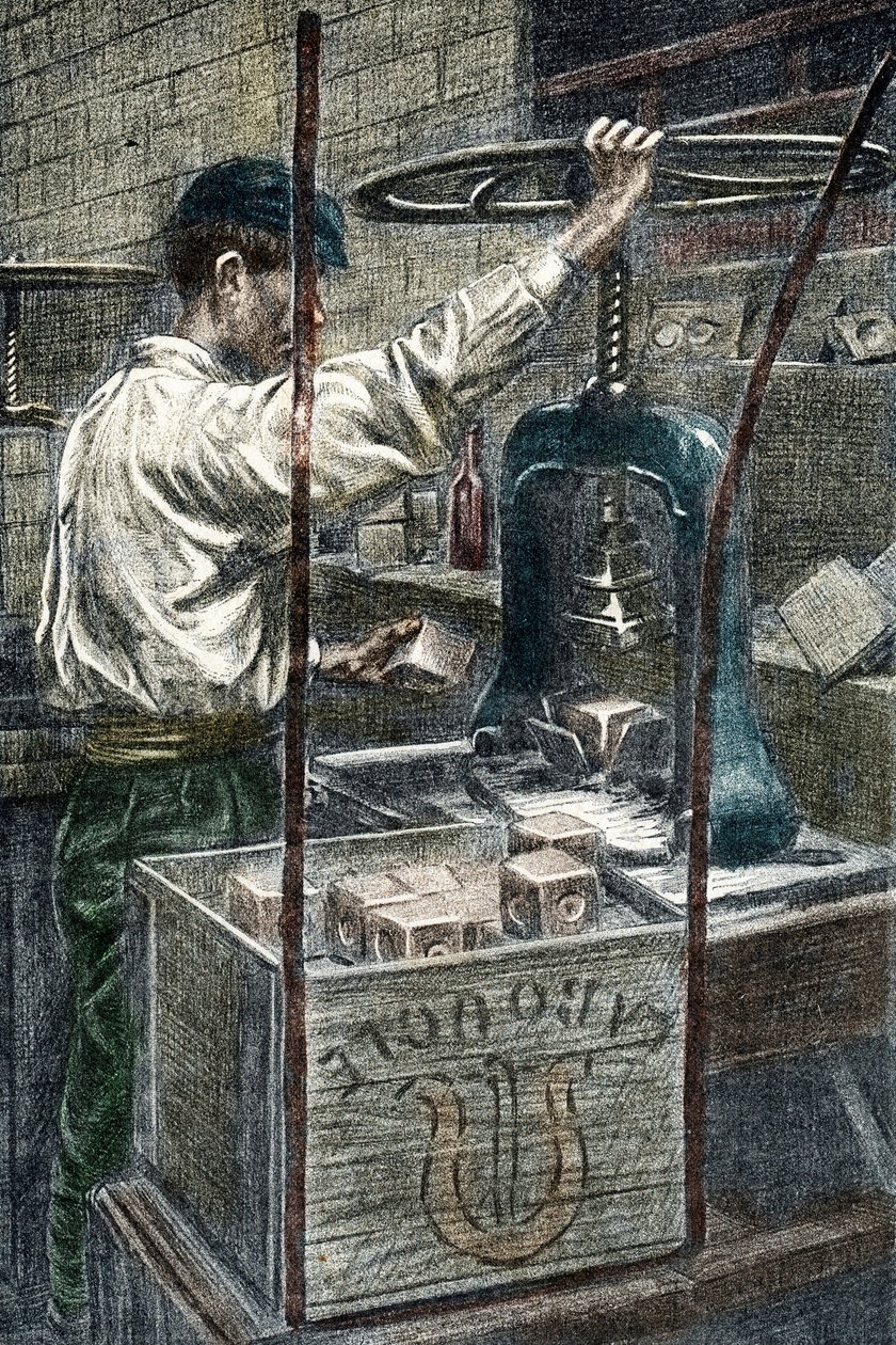 Szappangyár: a szappanmárka bélyegzése. Gravírozás az „Excursion a travers les metiers”-ből, Pierre Calmette Magángyűjtemény alkotó: Pierre Calmettes
