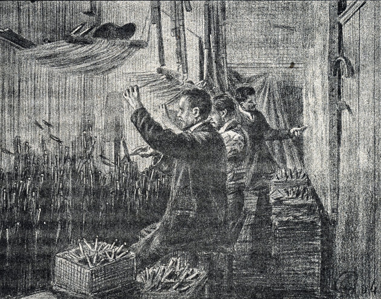 Aubusson gobelin: a kárpitosok fejjel lefelé dolgoznak Gravírozás a Pierre Calmette Collection privee „Excursion a travers les metiers” című könyvéből alkotó: Pierre Calmettes