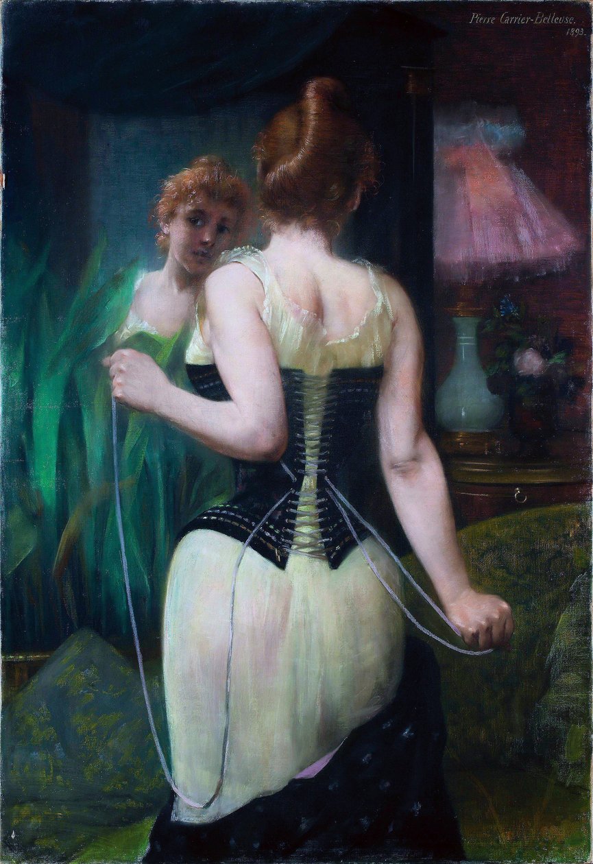 Fiatal nő igazgatja a fűzőjét - Fiatal nő igazgatja a fűzőjét - Pierre Carrier Belleuse festménye (Carrier-Belleuse) (1851-1933) alkotó: Pierre Carrier Belleuse