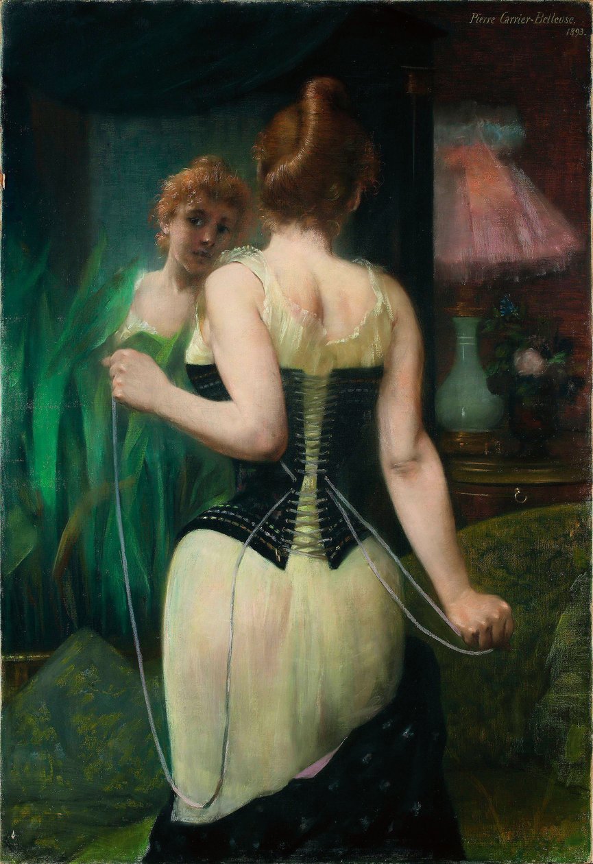Fiatal nő igazgatja a fűzőjét, 1893 alkotó: Pierre Carriere Belleuse