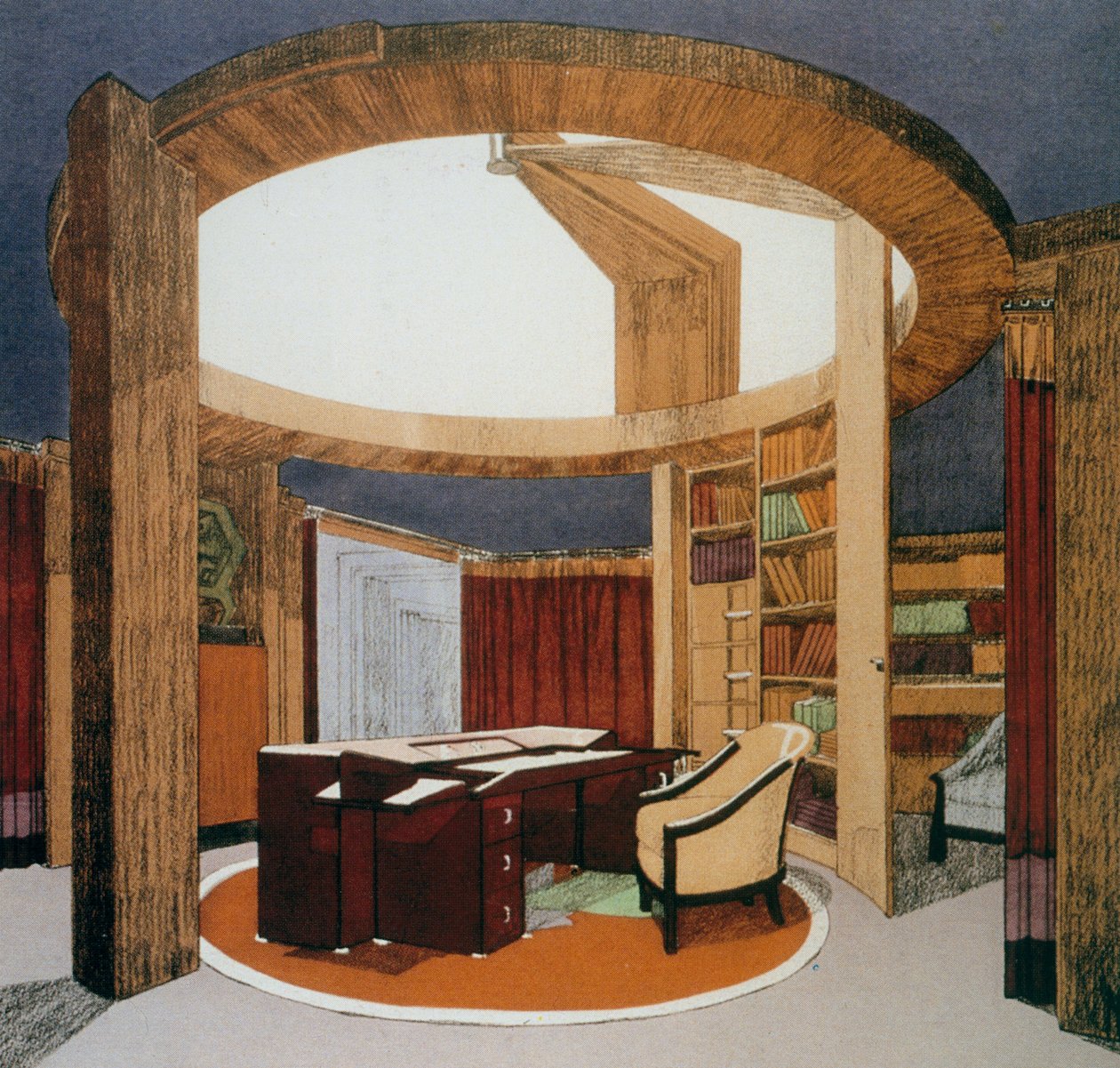 Tanulmányi könyvtár (Bureau-Bibliotheque) tervezése a Ambassade de France számára, Pierre Chareau (1883-1950), bemutatva a Nemzetközi Dekoratív Művészeti Kiállításon Párizsban, 1925-ben, Franciaország, XX. alkotó: Pierre Chareau