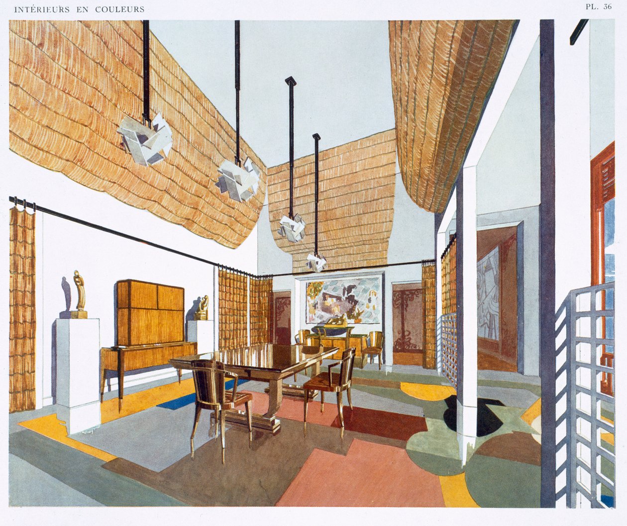 Ebédlő gyarmati stílusban, az „Interiors and Colours” című könyvből, 1925-ben (színes litho) alkotó: Pierre Chareau