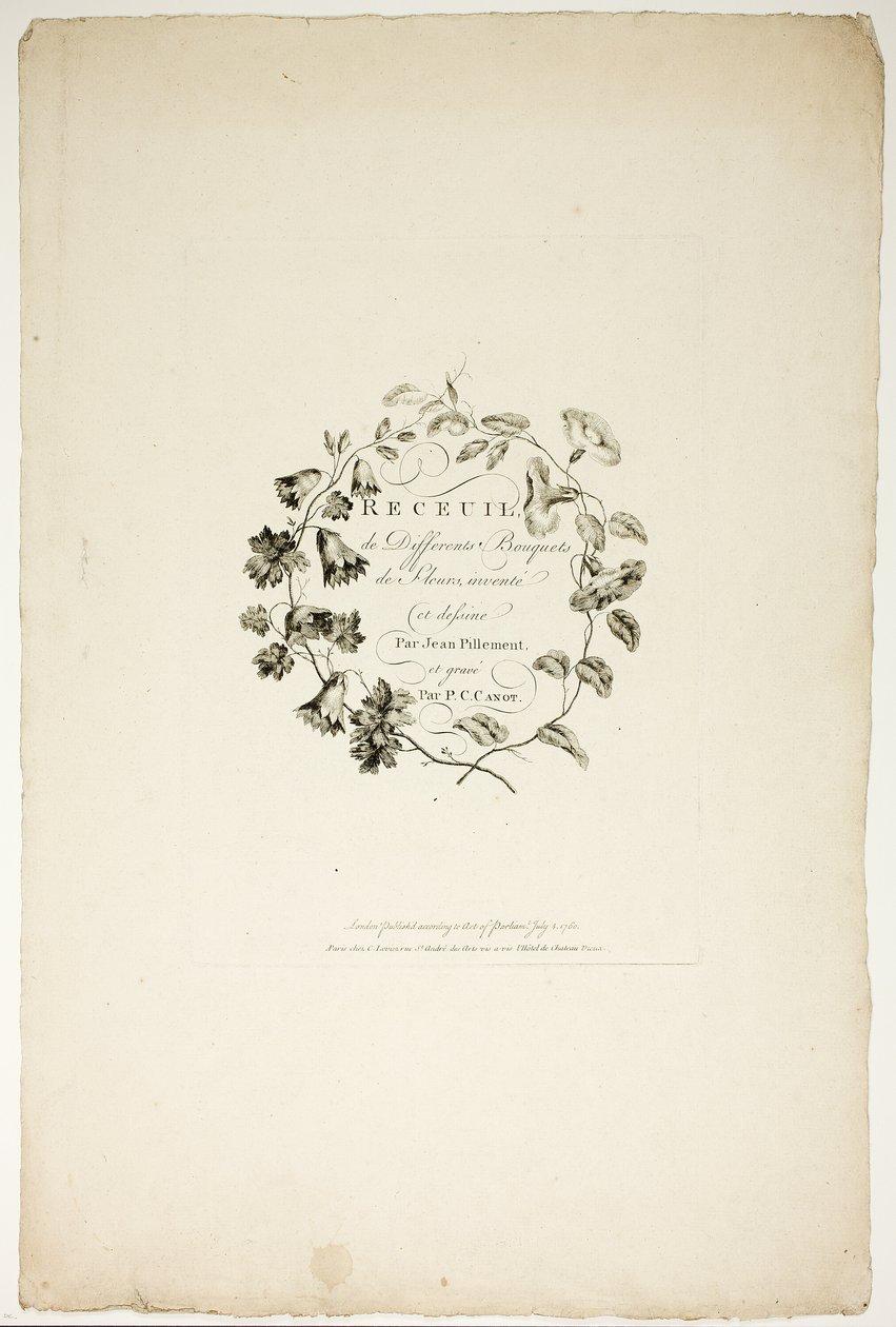 A Jean Pillement által kitalált és rajzolt, P. C. Canot által metszett, különböző virágcsokrokat tartalmazó gyűjtemény borítója alkotó: Pierre Charles Canot