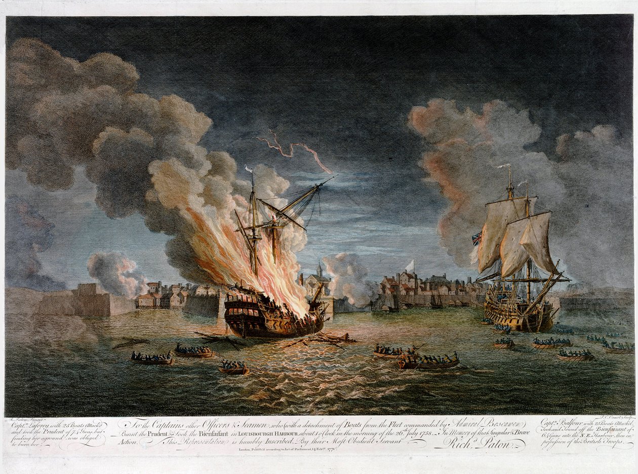 Azoknak a kapitányoknak, tiszteknek és matrózoknak, akik a flotta azon hajóosztályában szolgáltak, amely július 26-án Louisbourg (Quebec, Kanada) kikötőjében felgyújtotta a "Prudent" és a "Bienfaisant" francia hajókat. alkotó: Pierre Charles Canot