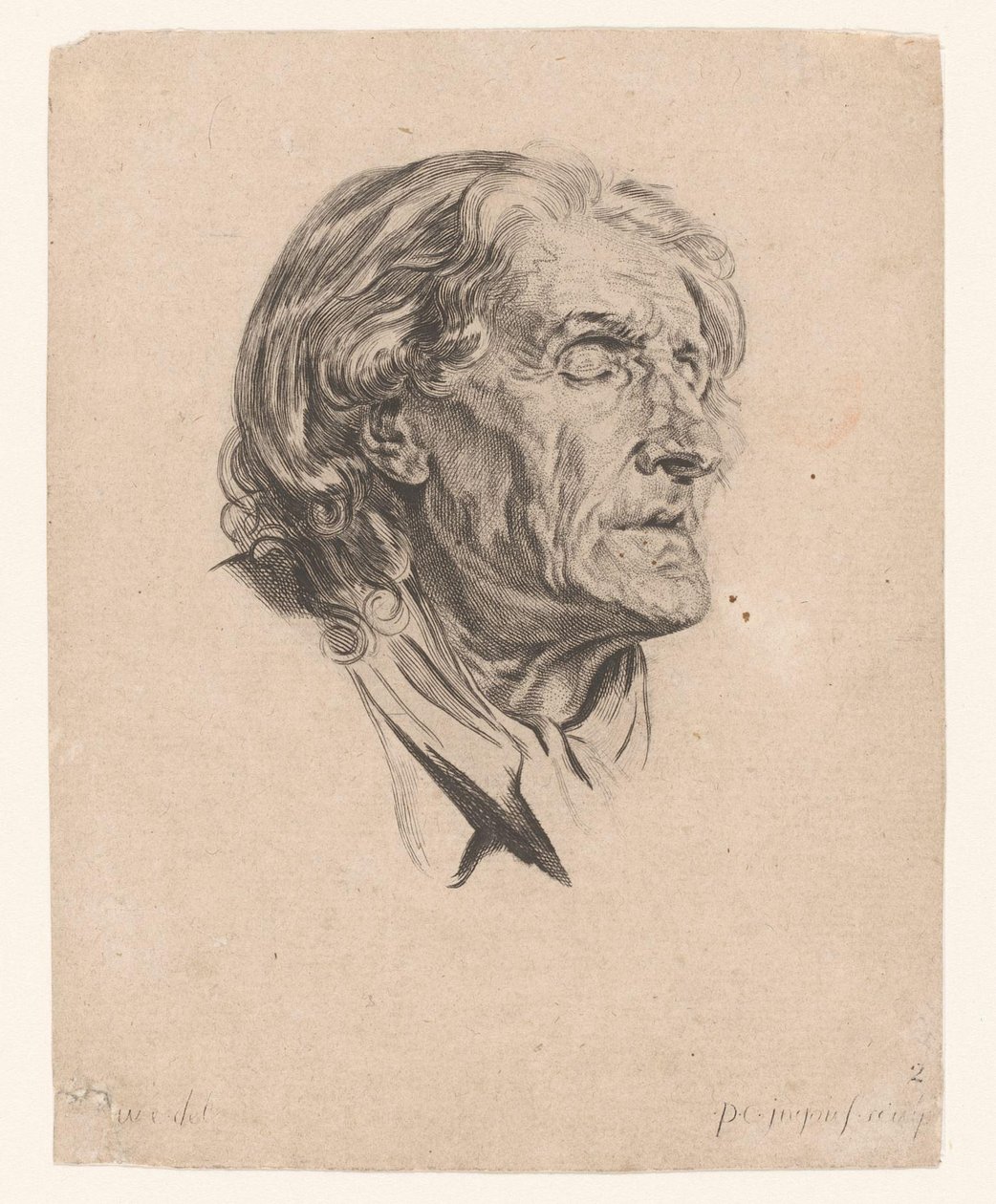 Egy öregember feje csukott szemmel, jobbra fordulva Különböző figurák fejei (sorozat címe) ir. Cahier de Têtes de différens Caracteres (sorozat címe) alkotó: Pierre Charles Ingouf