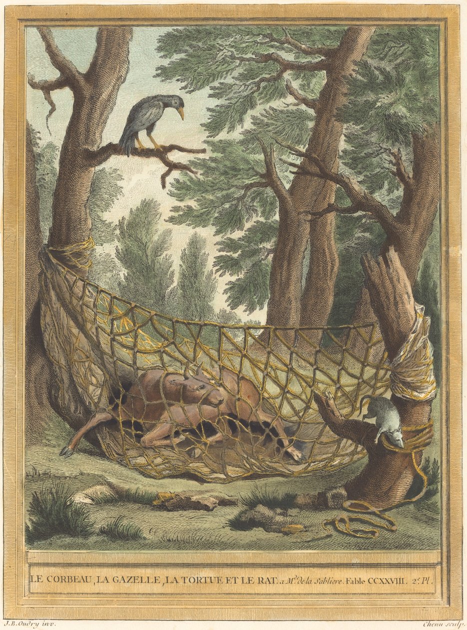 A varjú, a gazella, a teknősbéka és a patkány alkotó: Pierre Chenu after Jean Baptiste Oudry