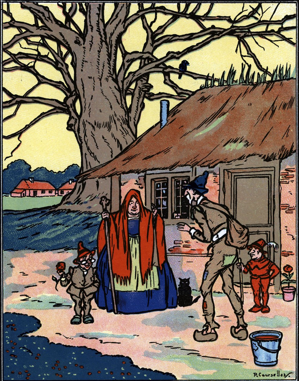 Picrochole repülése, aki találkozik egy öreg boszorkánnyal. Illusztráció: Pierre Couselles (meghalt 1938) a „Gargantuából”, Francois Rabelais alkotó: Pierre Courselles