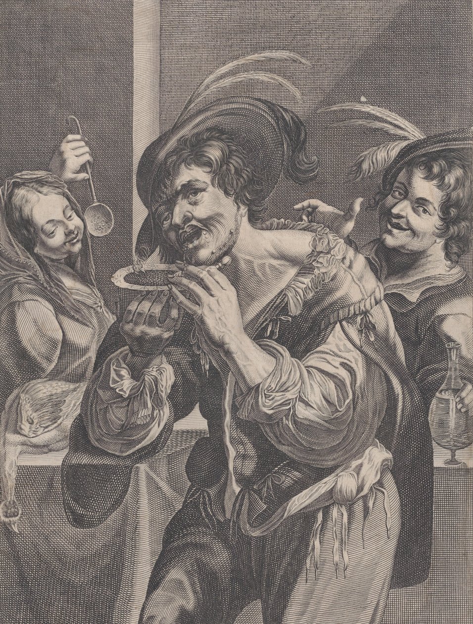 Az ember levest iszik, miközben két ember nézi, 1624-75. alkotó: Pierre Daret
