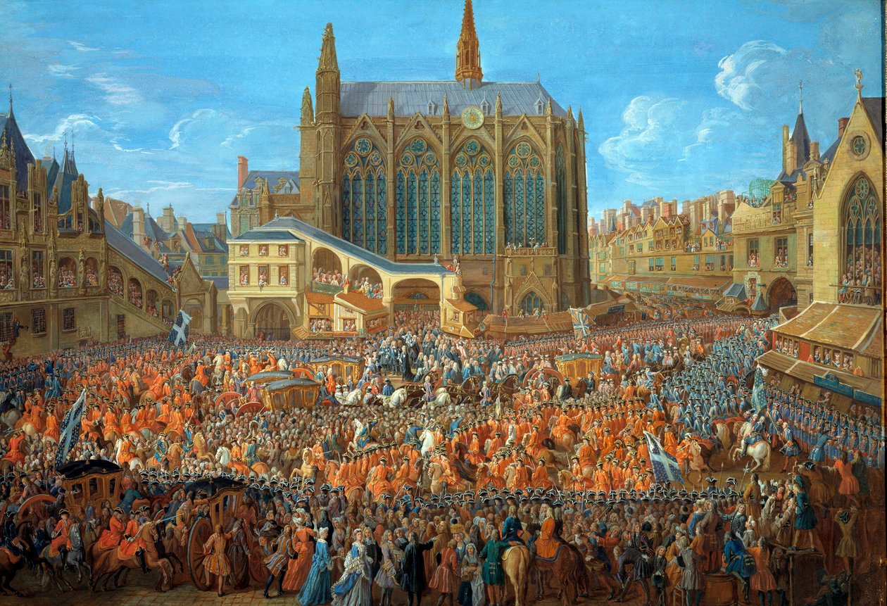XV. Lajos király (1710-1774) elhagyja az igazságszolgáltatás ágyát a párizsi Palais de Justice-ban 1715.09.12-én La Sainte Chapelle est látható – Pierre Denis Martin (1663-1742) gouache festménye 1715 - Párizs, musee Carnavalet – XV. Lajos távozása ( alkotó: Pierre Denis Martin