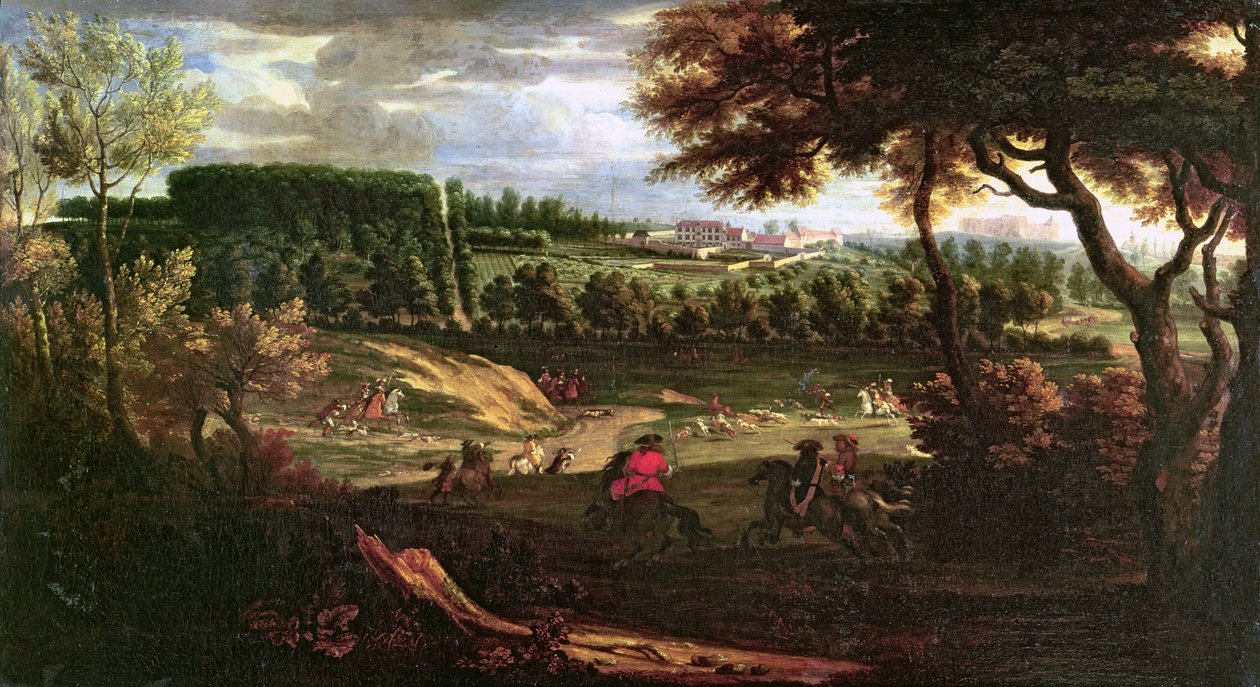 XIV. Lajos (1638-1715) Vadászat Marlyban, kilátással a Chateau Vieux de Saint Germainre alkotó: Pierre Denis Martin