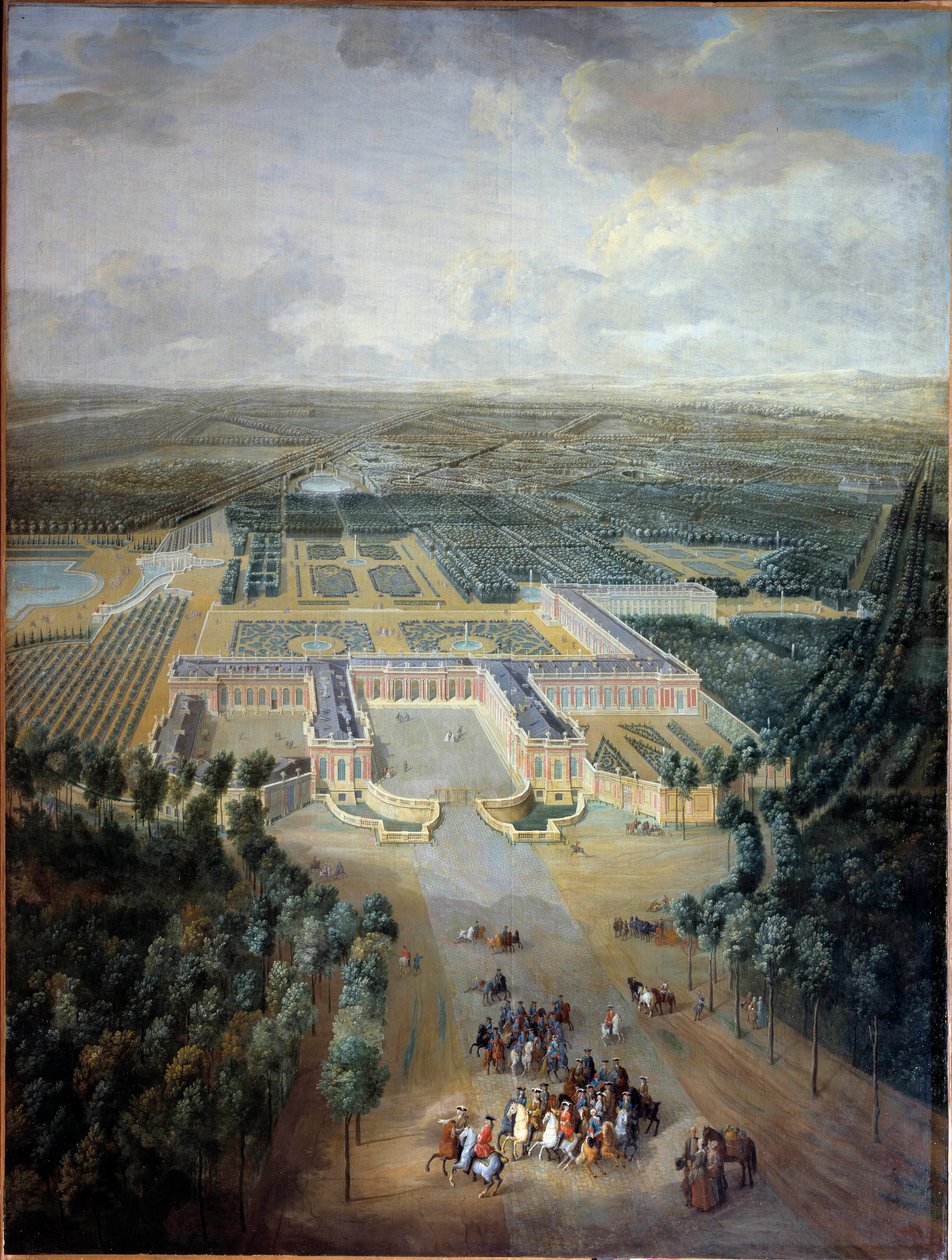 Perspektivikus kilátás a trianoni kastélyra és kertekre: XV. Lajos király sétánya lóháton. Pierre Denis Martin (1663-1742) festménye. 18. század. Homályos. 2,96 x 2,23 m. Versailles, musee du Chateau – Perspektivikus kilátás Tria kastélyára és kertjére alkotó: Pierre Denis Martin