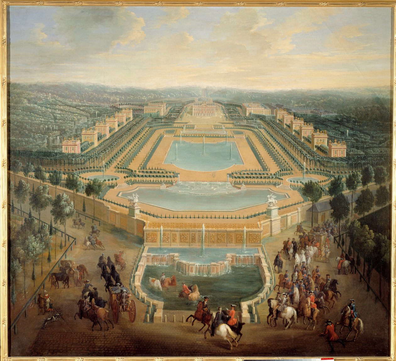 Marly várának perspektivikus képe, XV. Lajos király (1710-1774) hintón elhagyja a kastélyt Pierre Denis Martin (1663-1742) festménye 18. század V. 1,37 x 1,55 m – Marly kastély perspektivikus képe, XV. Lajos király (1710-1774) elhagyja a kastélyt alkotó: Pierre Denis Martin