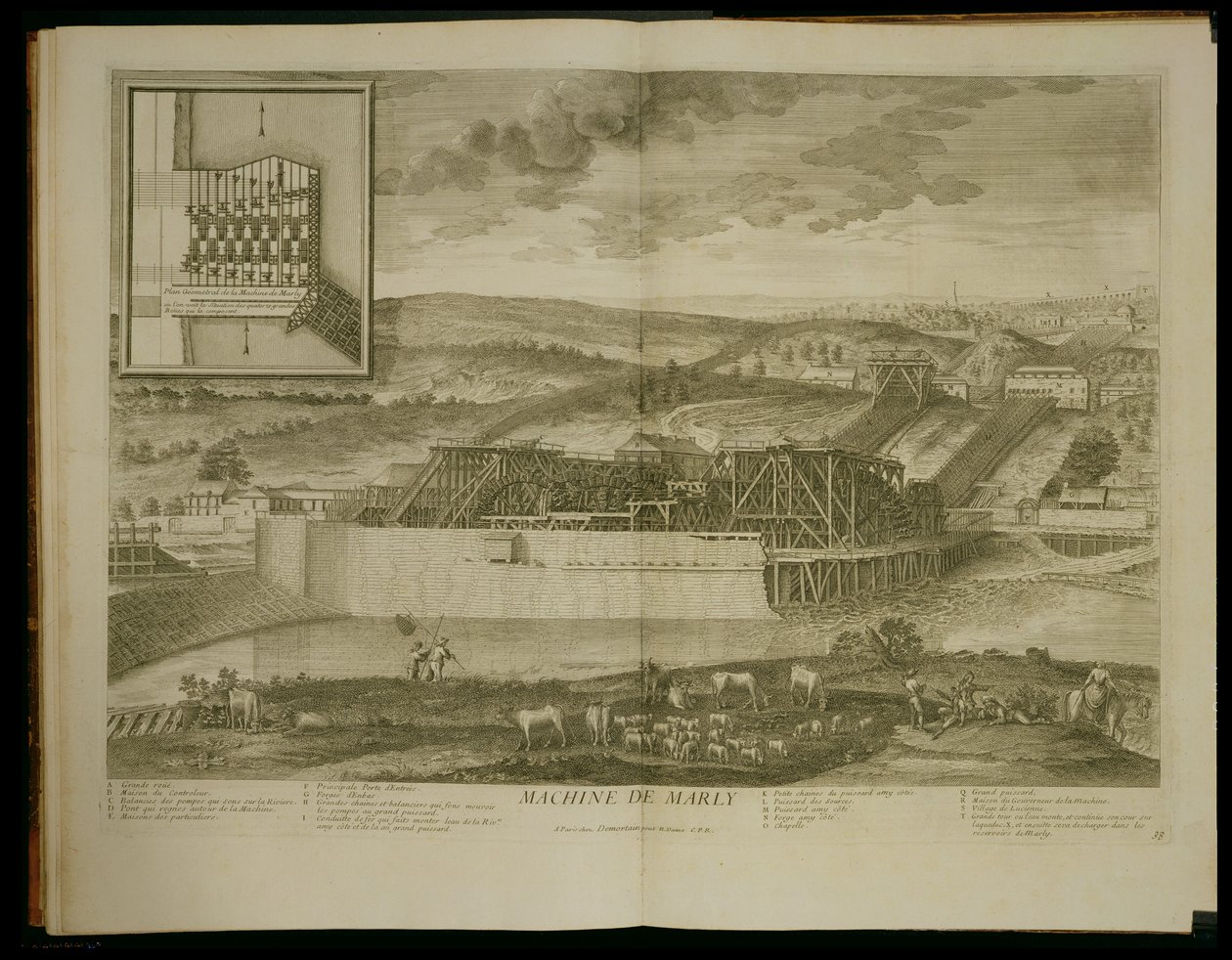 The Machine at Marly, a „Les Plans, Profiles et Elevations des Ville et Chateau de Versailles”-ból, 1724 után jelent meg alkotó: Pierre Denis Martin