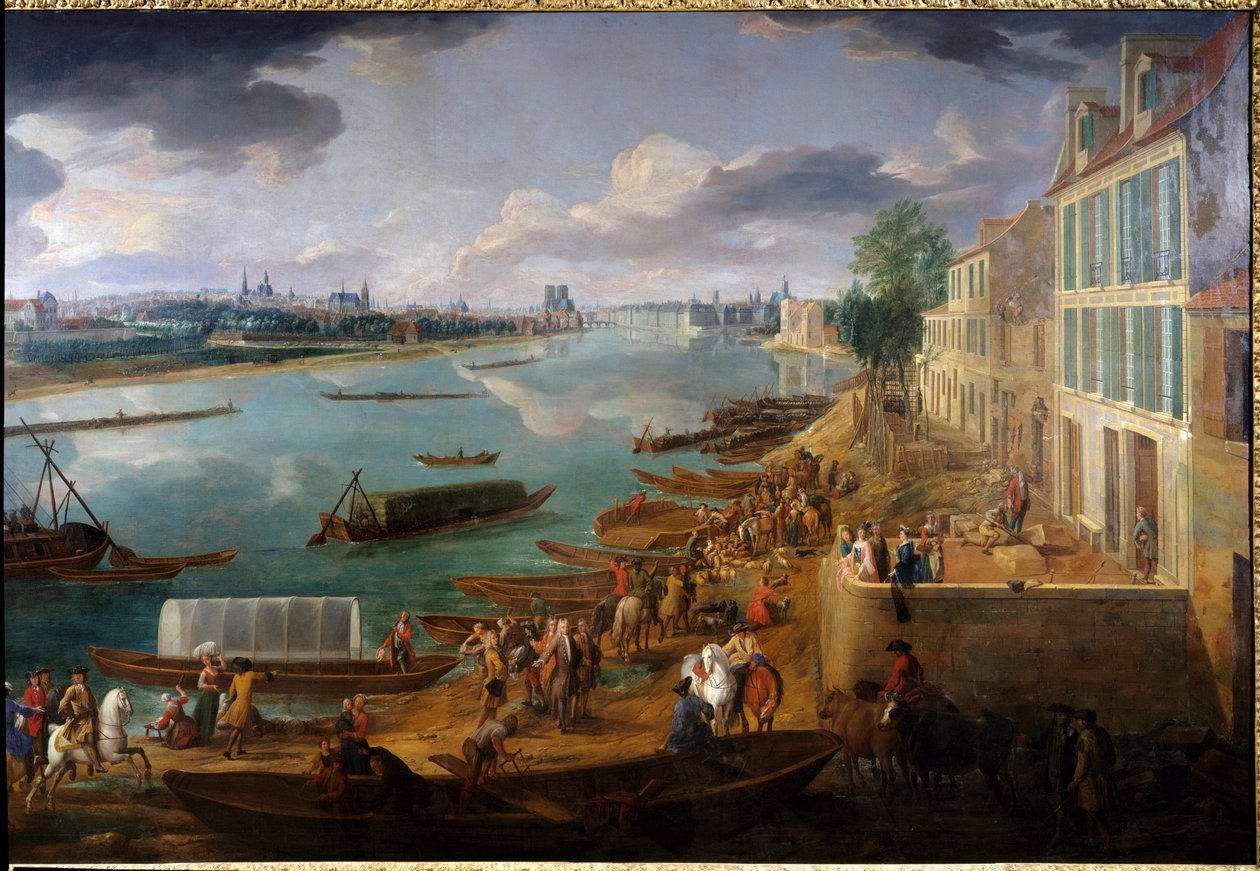 Párizs kilátása, a Quai de la Rapee-ről 1716-ban Részlet a Szajnán lévő hajókról és a tevékenységekről. Pierre Denis Martin (1663-1742) festménye 1716 V. 1,7x3,15 m Párizs, Musee Carnavalet. alkotó: Pierre Denis Martin