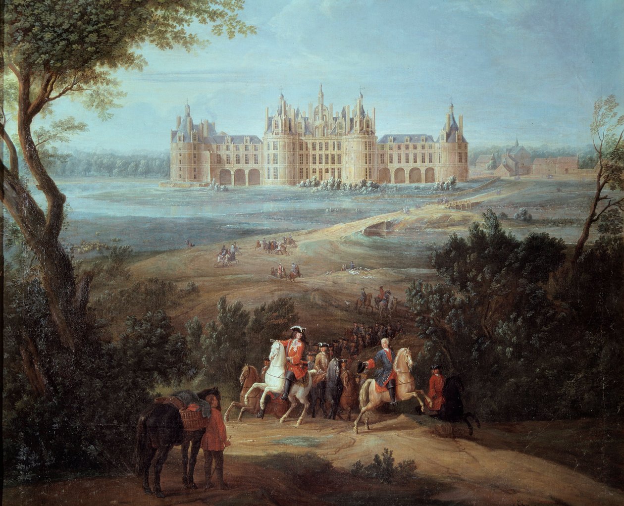 A Chateau de Chambord látképe, II. Philippe régens Orléans hercege (1674-1723) vadászat ad Pierre Denis Martin festménye (1663-1742) 1722 V. 1,3x1,5 m - Kilátás a Chateau de Chambord-ra, II. Philippe régens orléans-i hercegre (1674-172) alkotó: Pierre Denis Martin