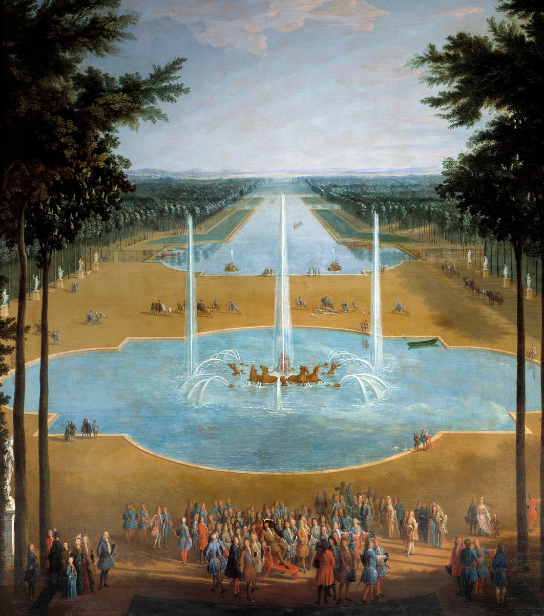 Kilátás az Apollo-medencére és a Versailles-i Grand Canalra 1713-ban, az előtérben: XIV. Lajos király (1638-1715) sétánya 1713 körül Pierre Denis Martin (1663-1742) Sun festményének részlete. 2,6x1,3 m alkotó: Pierre Denis Martin