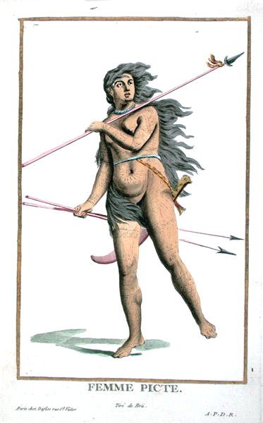 Egy piktish nő a "Receuil des Estampes, Representant les Rangs et les Dignites, suivant le Costume de toutes les Nations existantes" című, 1780-ban megjelent kiadványból (kézzel színezett metszet). alkotó: Pierre Duflos