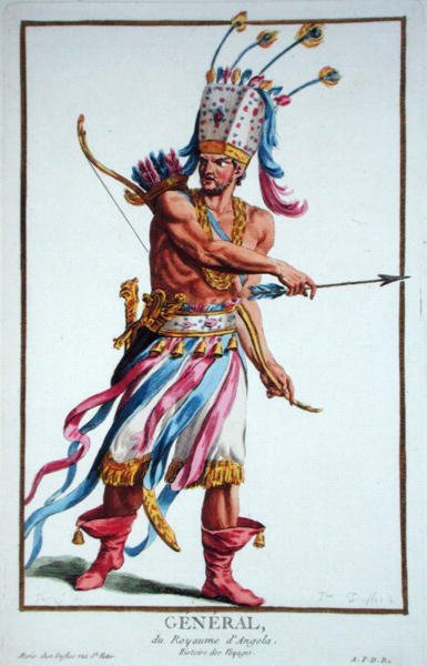 Angolai harcos törzsfőnök, a "Receuil des Estampes, representant les Rangs et les Dignites, suivant le Costume de toutes les Nations existantes" című, 1780-ban megjelent kiadványból (kézi színezett metszet). alkotó: Pierre Duflos