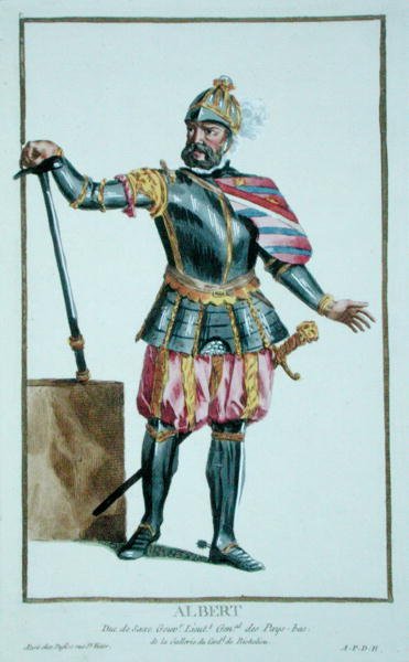 Merész Albert (1443-1500) Szászország hercege Receuil des Estampesből, aki a rangokat és a dignitákat képviseli, az összes létező nemzet viselete szerint, 1780-ban (kézzel színezett metszet) alkotó: Pierre Duflos