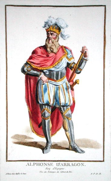V. Alfonz (1396-1458) Aragónia és Szicília királya, a "Recueil des Estampes, representant les Rangs et les Dignites, suivant le Costume de toutes les Nations existantes" című, 1780-ban megjelent kiadványból (kézi színezett metszet). alkotó: Pierre Duflos