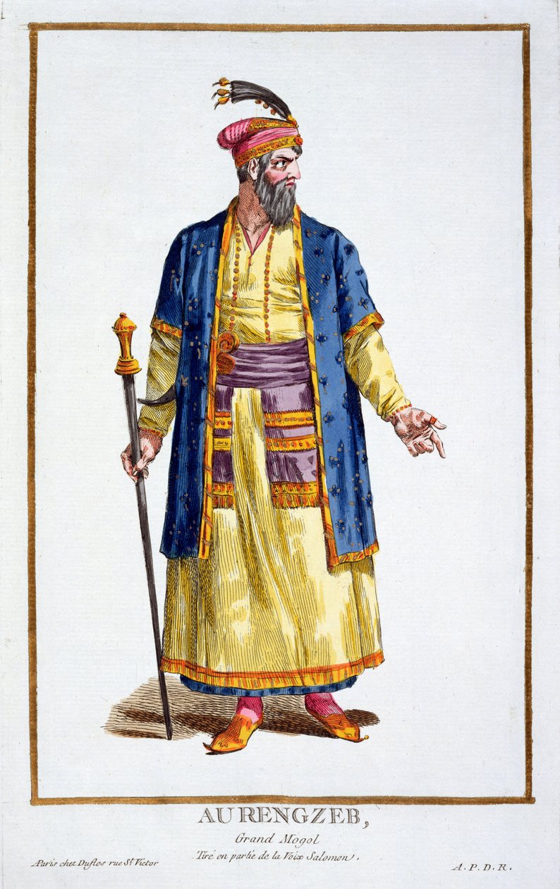 Aurangzeb, a mongol hordák nagy kánja Recueil des Estampesből, a les Rangs et des Dignites képviselője, az összes létező nép viselete szerint, 1780-ban (kézzel festett metszet) alkotó: Pierre Duflos