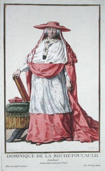 Dominique de la Rochefoucauld bíboros (1712-1800) a Receuil des Estampesből, a rangokat és a méltóságokat képviselő, az összes létező nemzet viselete szerint, 1780-ban (kézzel színezett metszet) alkotó: Pierre Duflos