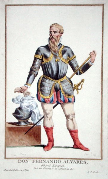 Don Fernando Alvarez (1507-82) az 1780-ban megjelent „Lenyomatok gyűjteménye, rangokat és méltóságokat reprezentáló, minden létező nemzet jelmeze szerint” című művéből (kézzel színezett metszet) alkotó: Pierre Duflos