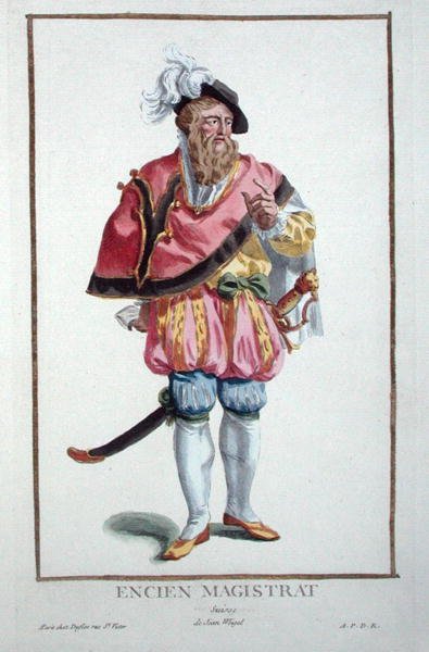 Egy svájci bíró ruhája a „Receuil des Estampes, Representant les Rangs et les Dignites, az összes létező nemzet viselete szerint”, 1780-ban (kézzel festett metszet) alkotó: Pierre Duflos