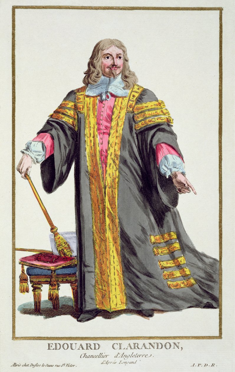 Edward Hyde (1609-74) Clarendon első grófja a Receuil des Estampes-ből, a rangokat és a méltóságokat képviselő, az összes létező nemzet viselete szerint, 1780-ban (kézzel színezve alkotó: Pierre Duflos