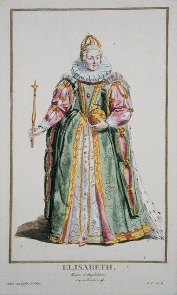I. Erzsébet (1530-1603) a Receuil des Estampesből, a rangokat és a méltóságokat képviselő, az összes létező nemzet viselete szerint, 1780-ban (kézzel színezett metszet) alkotó: Pierre Duflos
