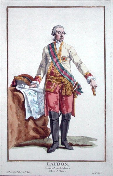 Laudon tábornok (1717-90) a „Receuil des Estampes, Representant des Rangs et des Dignites, az összes létező nemzet jelmezei szerint”, 1780-ban megjelent (kézzel színezett metszet) alkotó: Pierre Duflos