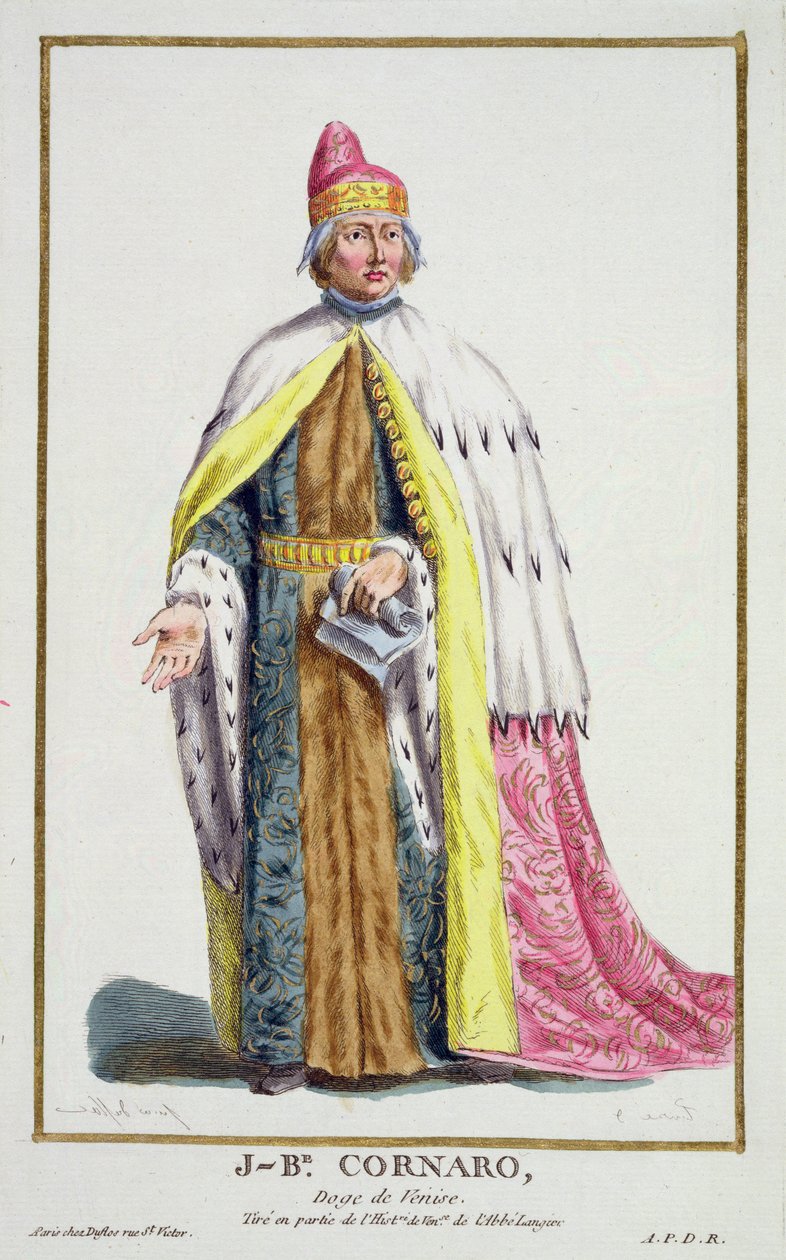 Giovanni Cornaro (1647-1722) Velence dózse, a Receuil des Estampes-ből, a rangokat és a méltóságokat képviselő, az összes létező nemzet viselete szerint, 1780-ban (kézzel színezett metszet) alkotó: Pierre Duflos