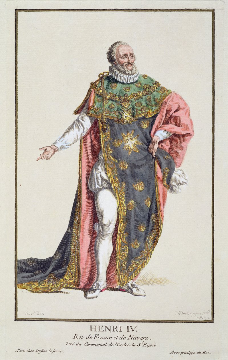 IV. Henrik (1553-1610) francia király a „Receuil des Estampes-ből, a rangokat és a méltóságokat képviselő minden létező nemzet viselete szerint”, 1780-ban jelent meg (kézzel színezett metszet) alkotó: Pierre Duflos