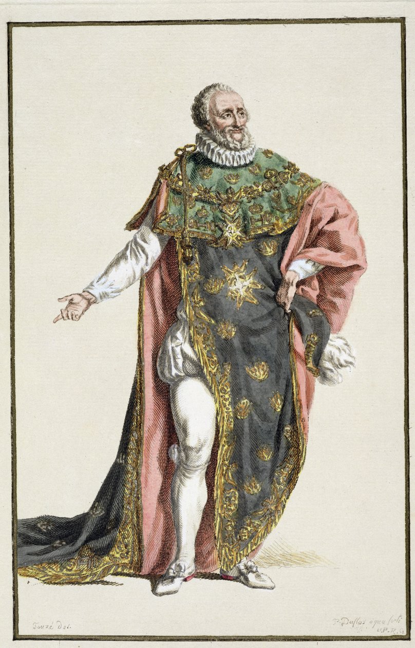 IV. Henrik (1553-1610) francia király, a Receuil des Estampes-ből, rangokat és méltóságokat képvisel, az összes létező nemzet viseletét követve, 1780-ban megjelent (kézzel színezett metszet) alkotó: Pierre Duflos