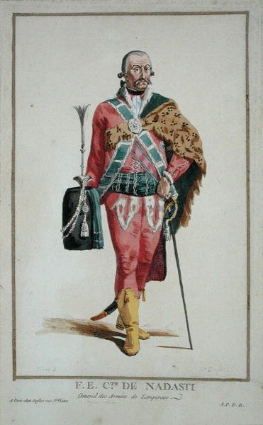 Őexcellenciája gróf de Nadasti a „Receuil des Estampes, Representant les Rangs et les Dignites, az összes létező nemzet viselete szerint” című művéből, 1780-ban (kézzel színezett metszet) alkotó: Pierre Duflos